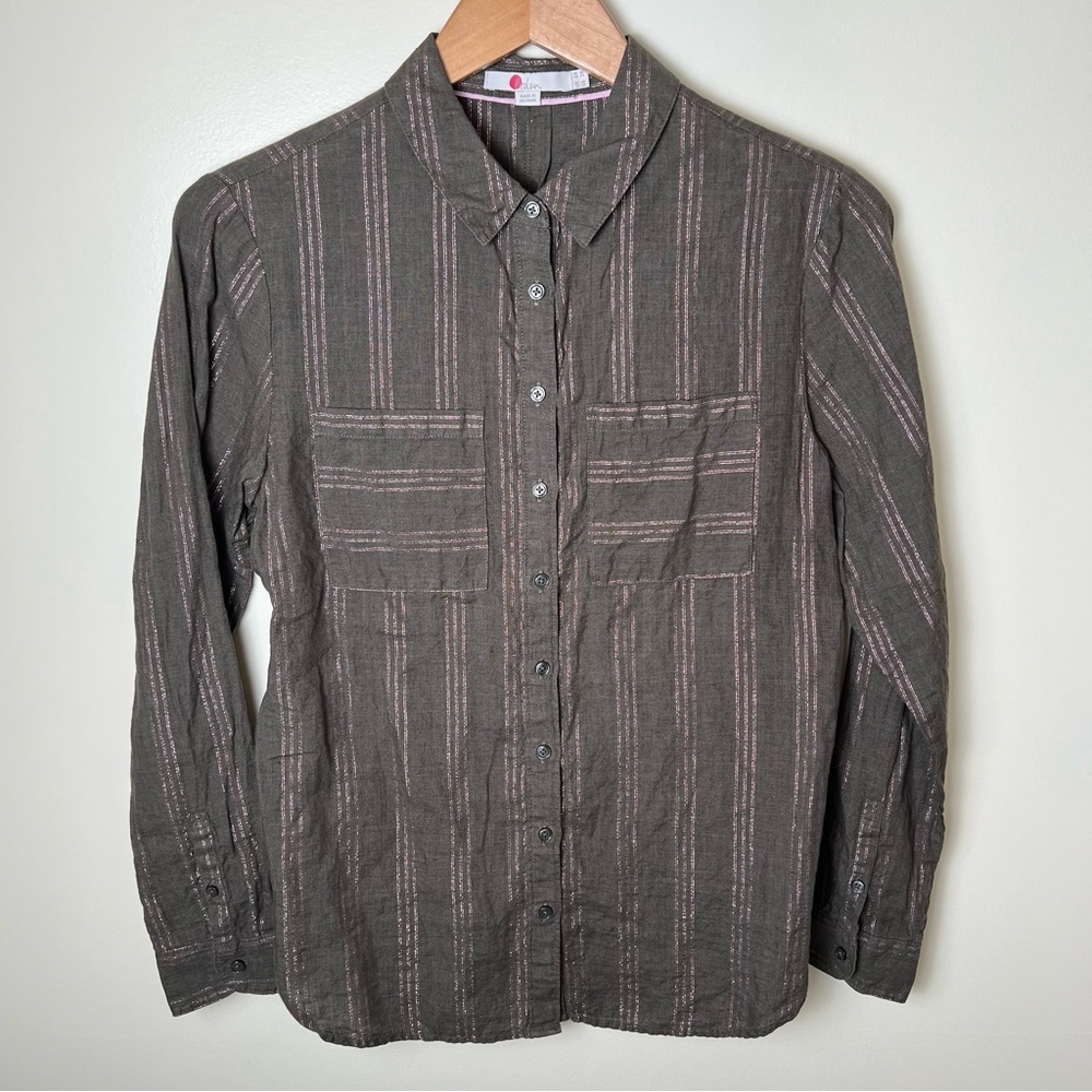 Boden Brown Button Down Linen Metallic Striped Long Sleeve Shirt Size 2 Reg